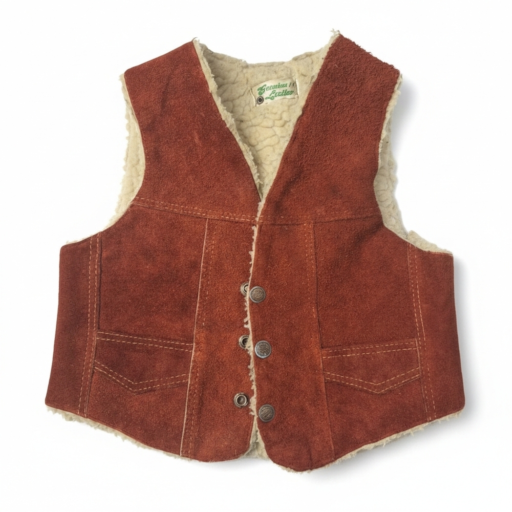 Vtg 70s Kids Genuine Leather Sherpa Lined Vest Western Cowboy Vintage 14 Size 6